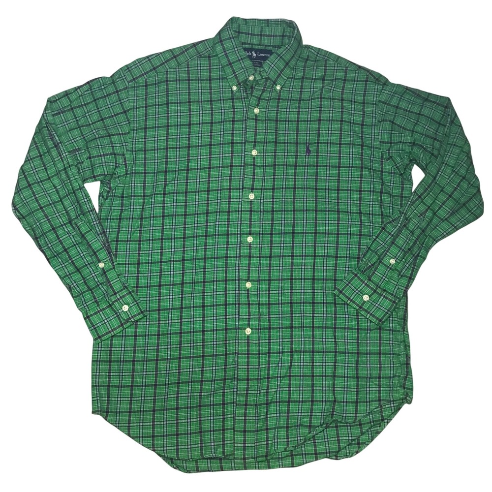 Ralph Lauren Blake Mens Medium Green Purple Plaid Cotton Button Down Shirt Pony